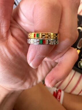Gold and Silver Enamel Stackable Rings with Red and Green Stripes